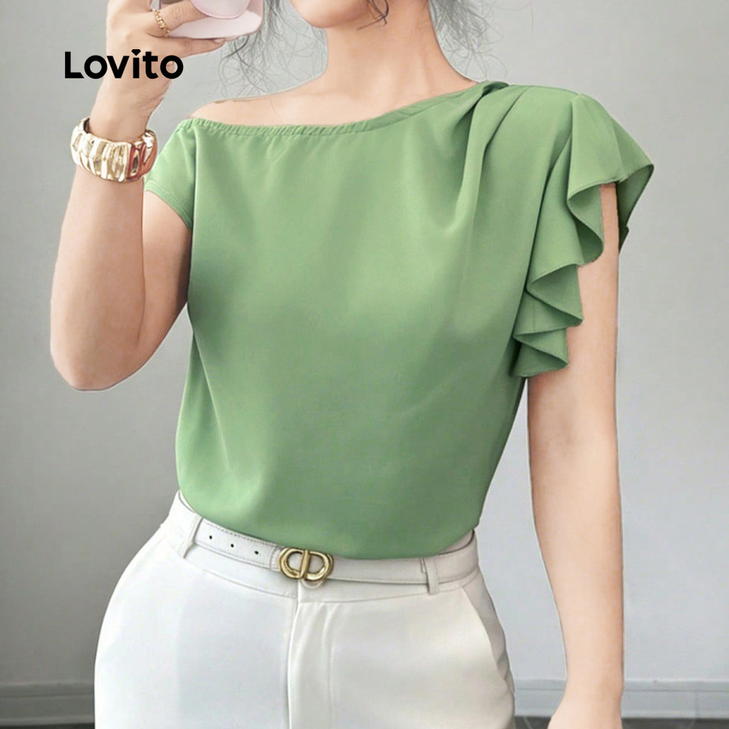 Lovito Blusa Elegante Assimétrica de Rendas com Babados Primavera/verão Amarela para Mulheres L196ED746 · foto 2
