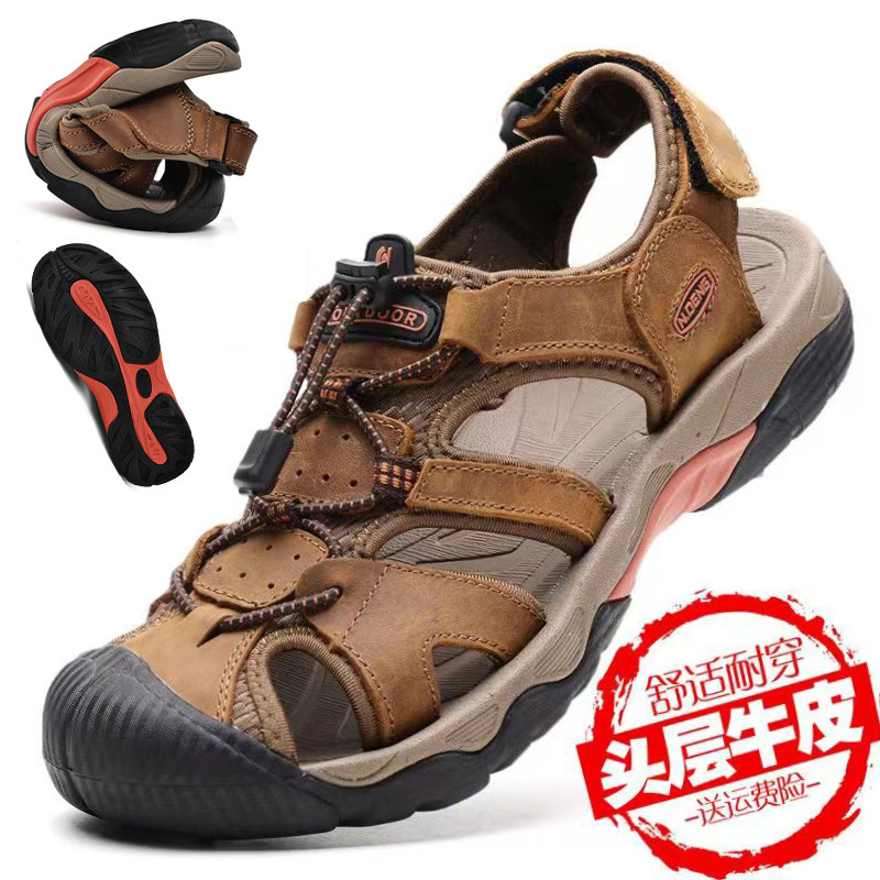 Sandálias de couro de camada superior dos homens verão couro genuíno condução exterior Wear esportes ao ar livre lazer B