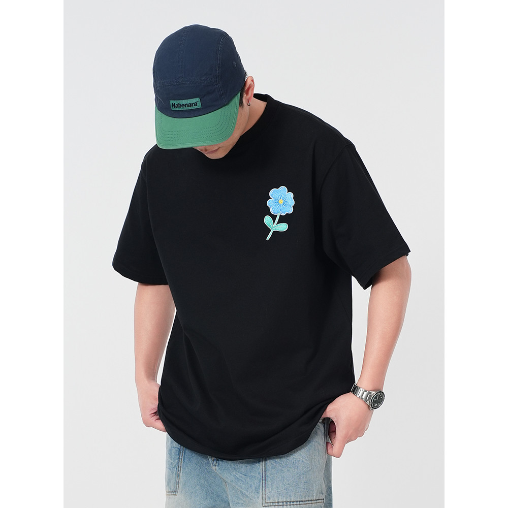 WASSUP Pequena Flor Patch Bordado Simples All-Match Camiseta de Manga Curta Masculina Feminina Solta All-Match Verão H