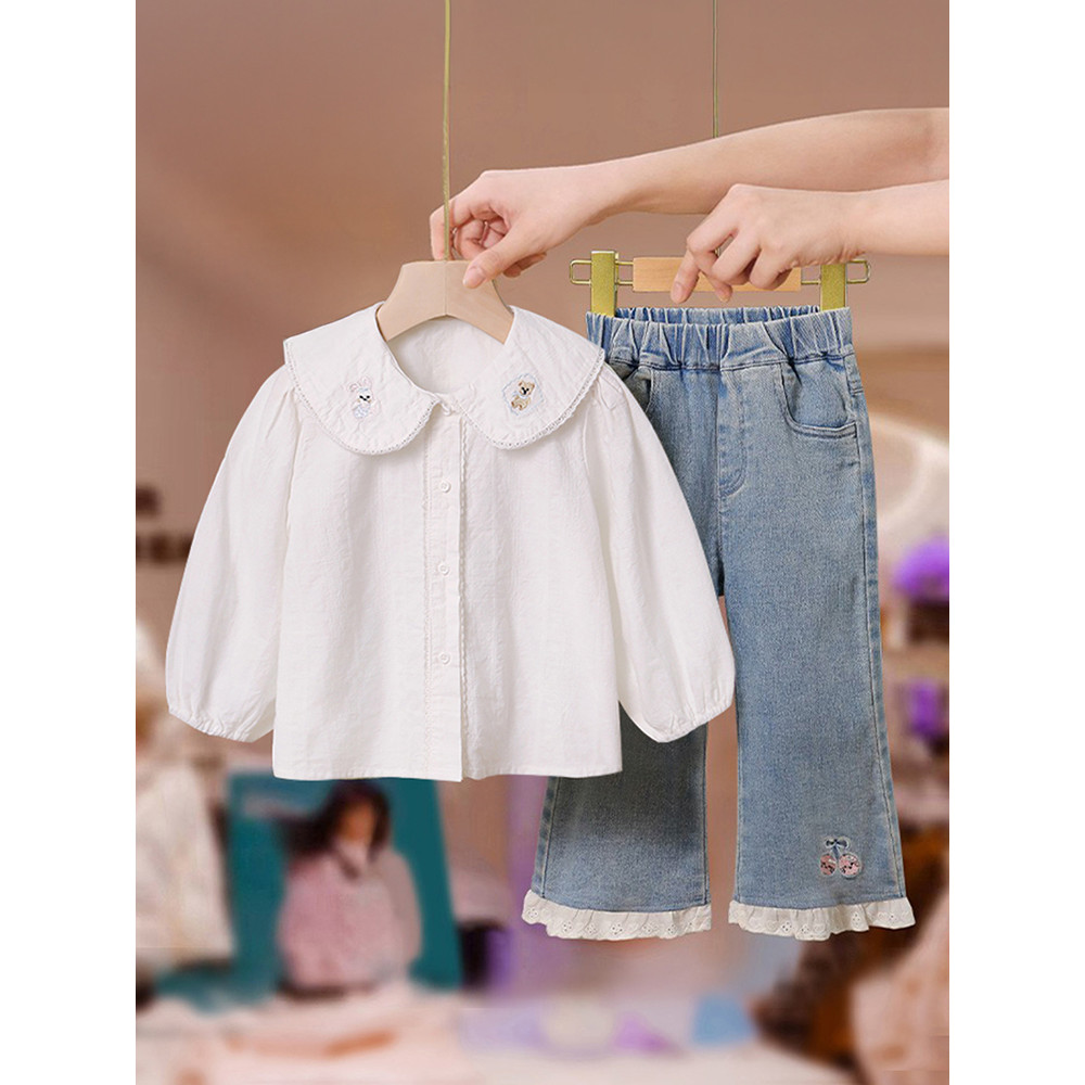 Meninas terno primavera outono 2026 novo estilo camisa do bebê Jeans moda crianças início do outono Casual terno de