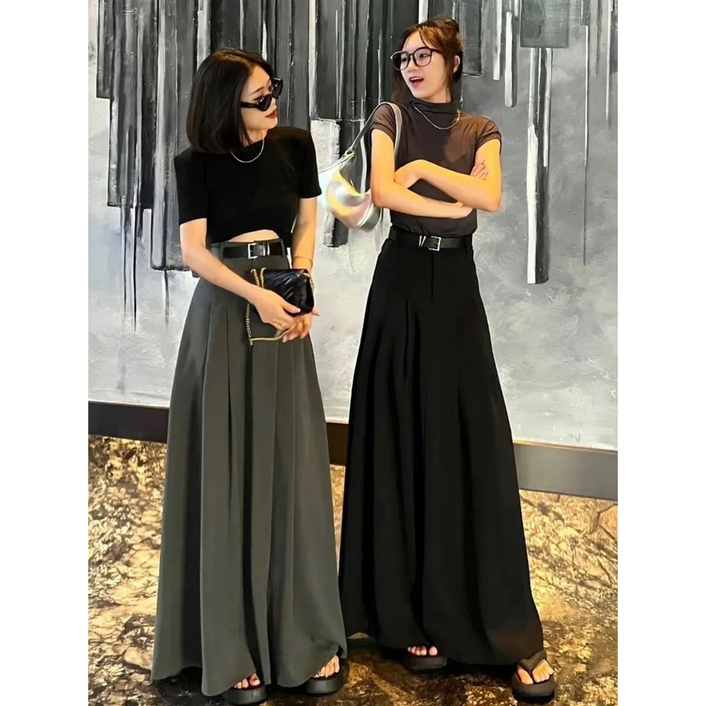 Saia de terno cinza feminina 2026 novo estilo verão pequeno comprimento médio saia plissada Drape a linha saia longa