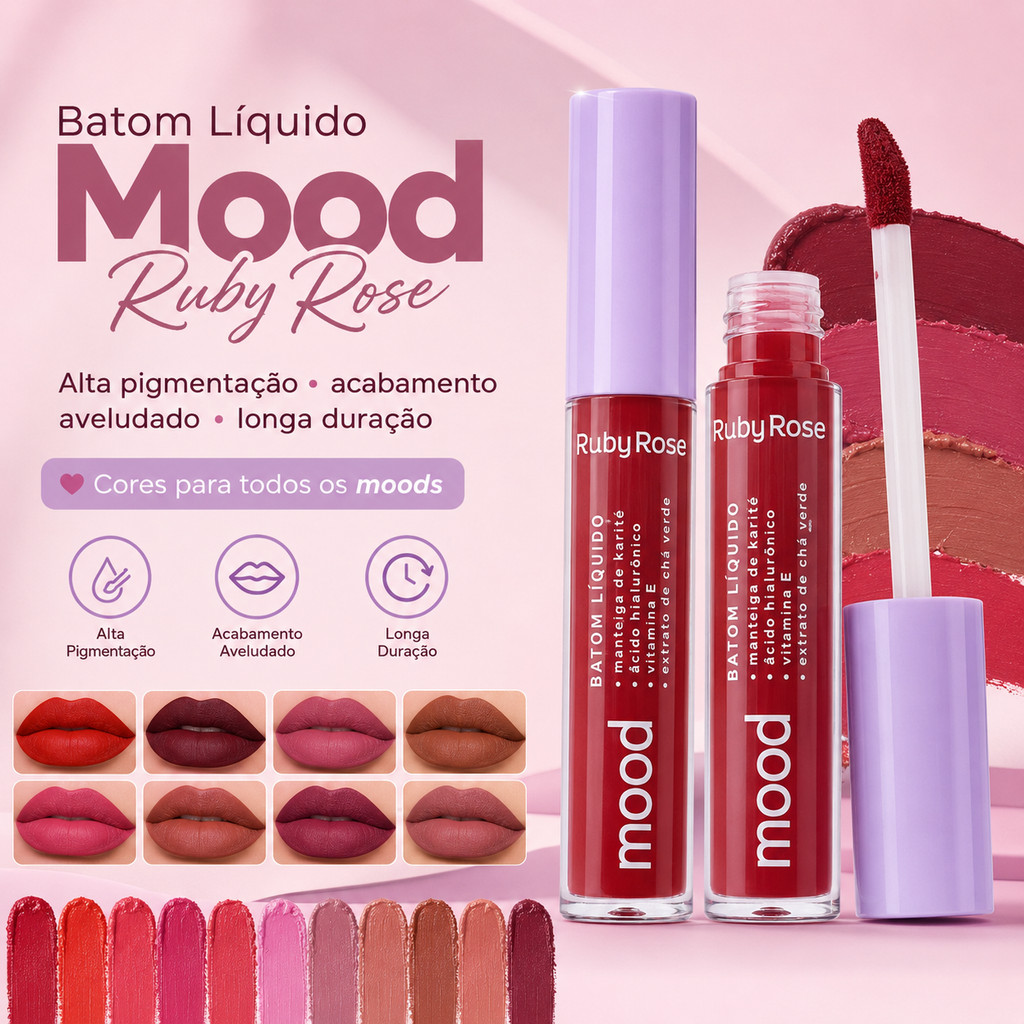 Batom Líquido Alta Pigmentação Mood Ruby Rose Vegano 3,2ml