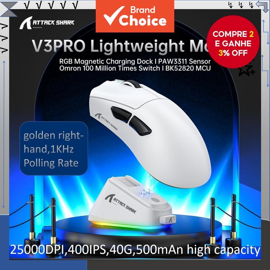 Mouse Gamer Leve ATTACK SHARK V3PRO com Sensor PAW3311, 25000DPI, 400IPS, 40G, Interruptor Omron de 100 milhões de