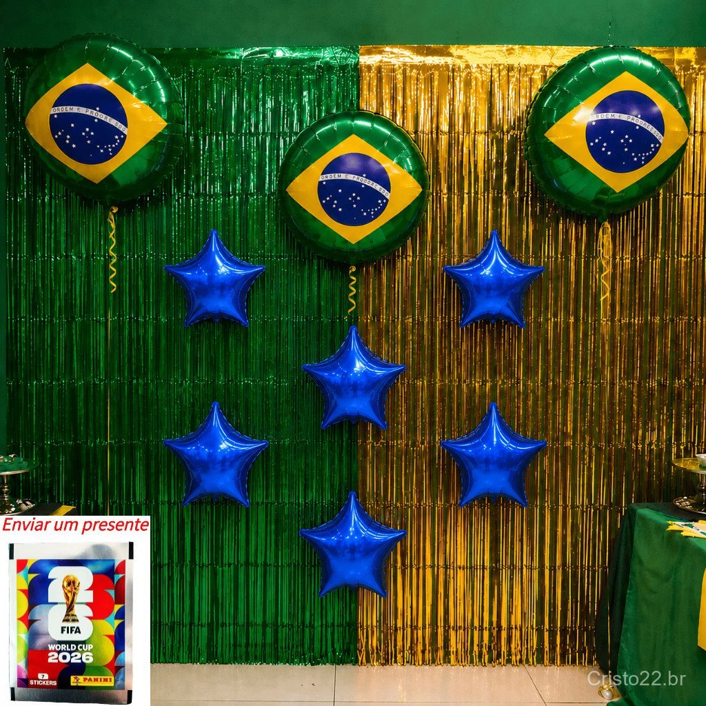 Conjunto de Decoração para a Copa do Mundo do Brasil: 2 Cortinas + 3 Balões, Bandeira da Seleção Brasileira + 6 Balões e