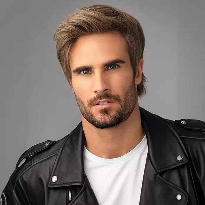 Peruca masculina estilo celebridade europeia e americana, cabelo curto cacheado castanho, peruca sintética resistente a