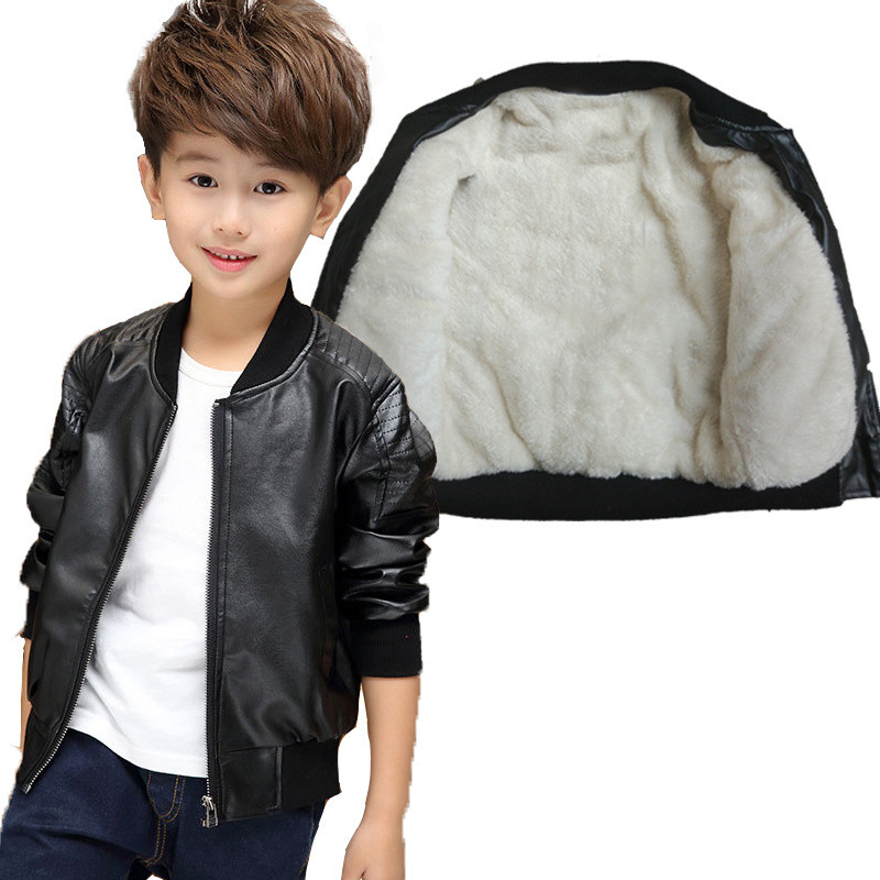 Jaqueta de Couro PU Grossa para Meninos, Moda Outono e Inverno, Roupas Infantis com Forro de Lã para Aquecimento ao Ar L