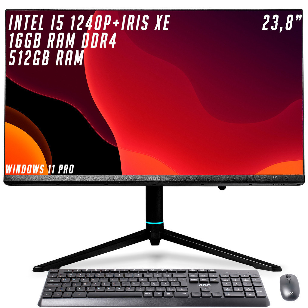 PC AOC All In One Intel Core I5 12ª Geração Iris Xe 16GB RAM DDR4 2666MHz SSD 512GB Tela 23,8” Windows 11 Pro Completo
