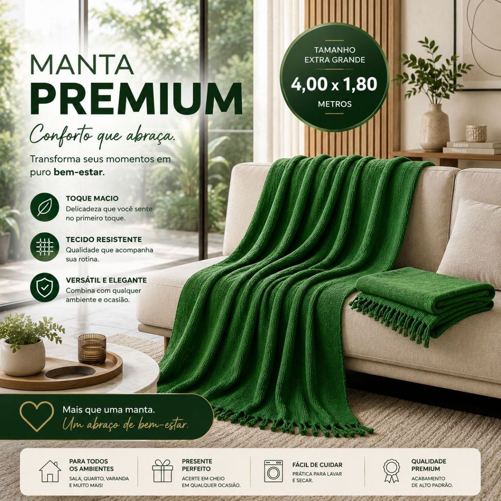 Manta Decorativa Super King para Sofá – 4,00 x 1,80 Confortável, Elegante e Fácil de Combinar
