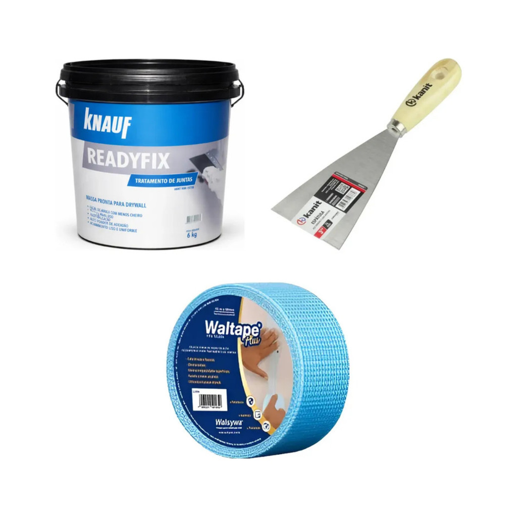 Kit Drywall: Massa Pronta 6kg + Fita Telada Azul 100m + Espátula para Drywall e Gesso