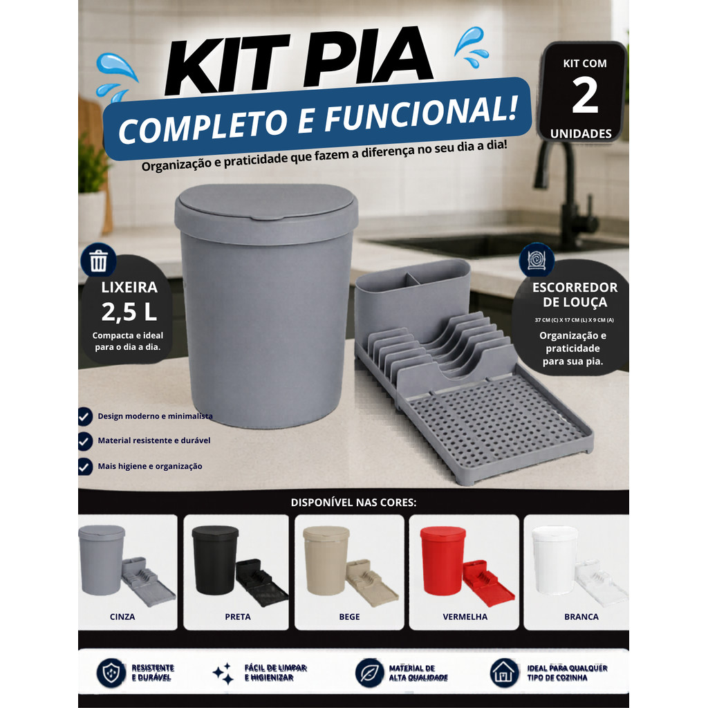 Kit Organizador Bancada Cozinha Lixeira de Pia Escorredor de Louça Porta Talher Compacto