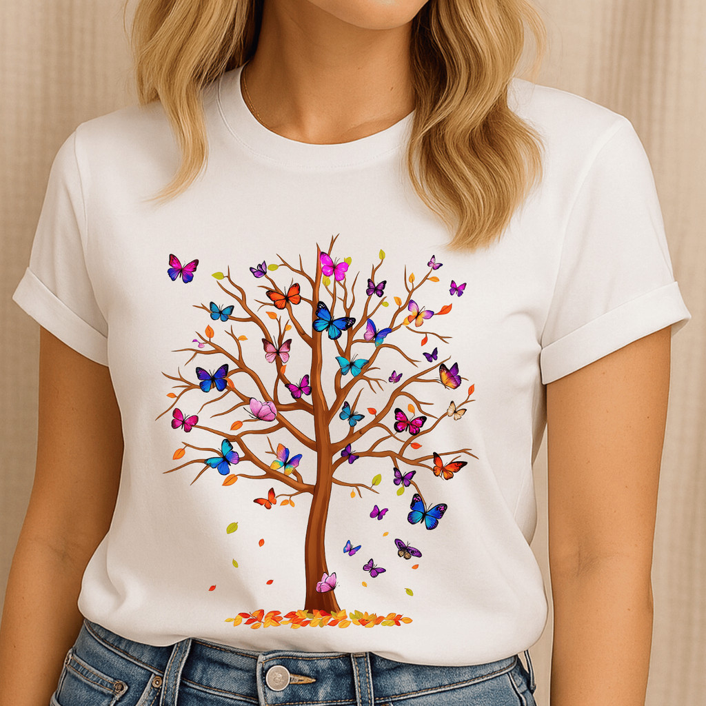 Camiseta Feminina Estilosa Delicada Estampa Borboleta Inspiração T-Shirt Tecido Confortável Algodão