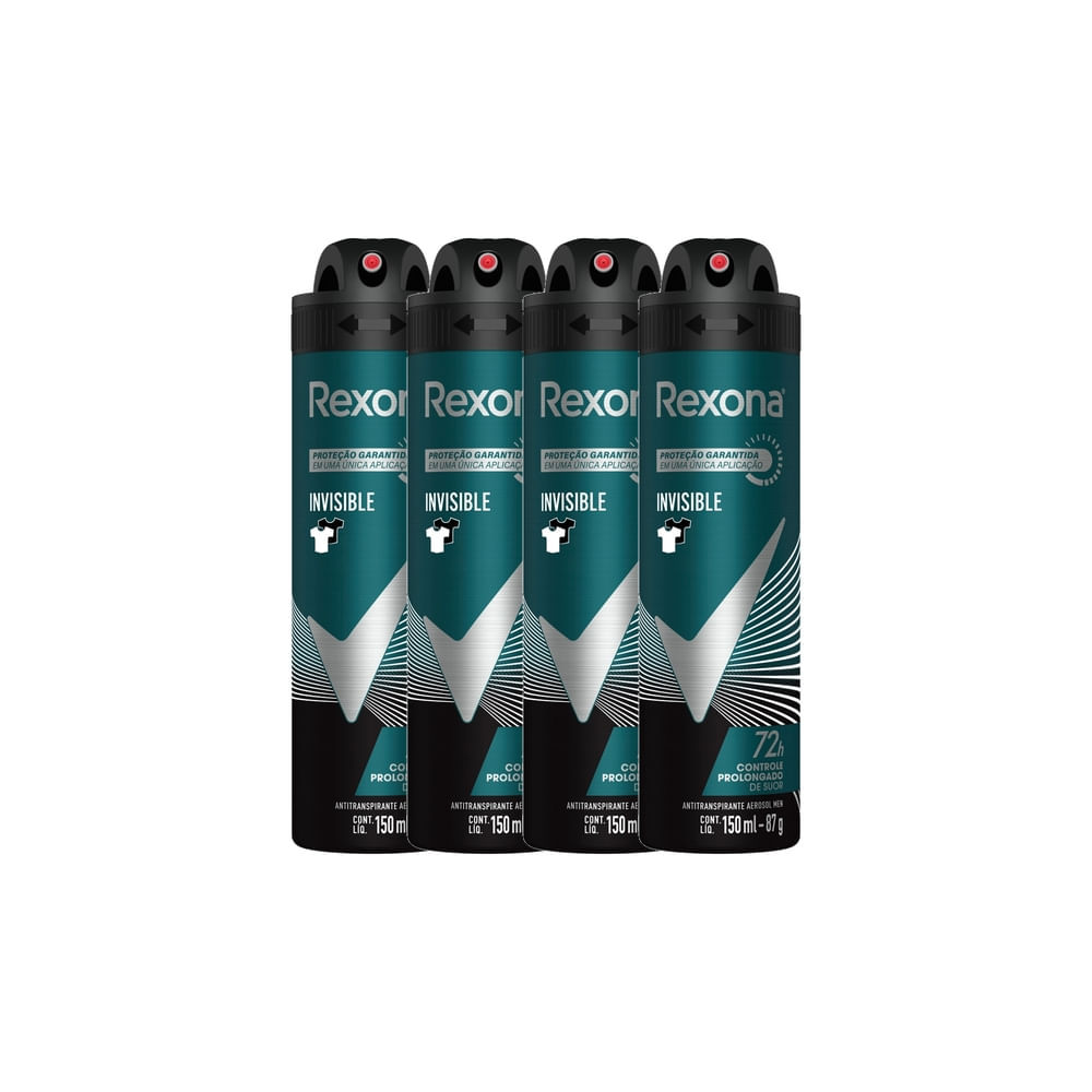 Kit 4 Desodorante Rexona Invisible Masculino Aerosol Antitranspirante 72 horas 150ml