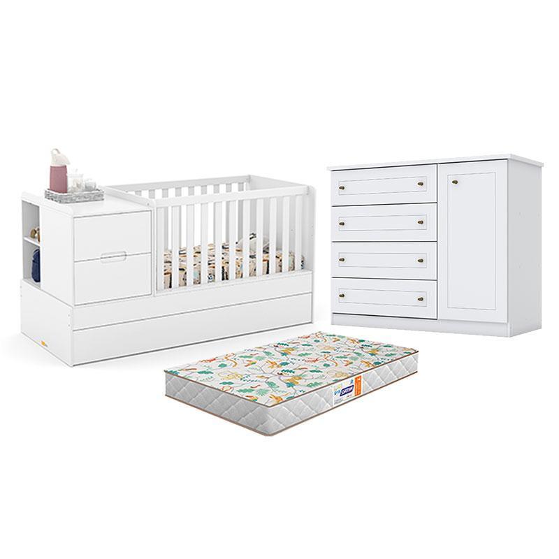 Berço Multifuncional Formare Branco Acetinado – Matic e Cômoda Infantil Branco HP e Colchão Gazin - Henn