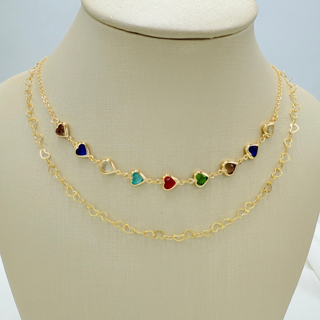 KIT 2 Choker Colorido coração  + Colar Com coração   Folheado  A Prata 925 e ouro 18k