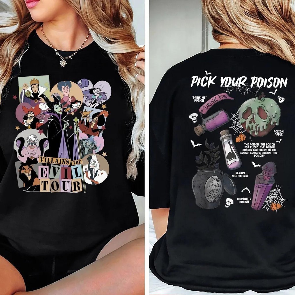Camiseta Masculina e Feminina Algodão Oversized Estampa Frontal de Vilões da Disney e Verso com "PICK YOUR POISON"