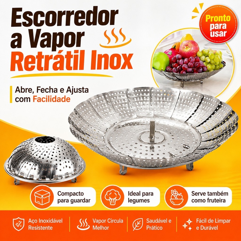 Cesto Escorredor De Cozimento a Vapor Legumes Inox Panela Vaporeira Verduras Cozinha Gourmet Dieta Alimentação Saudavel