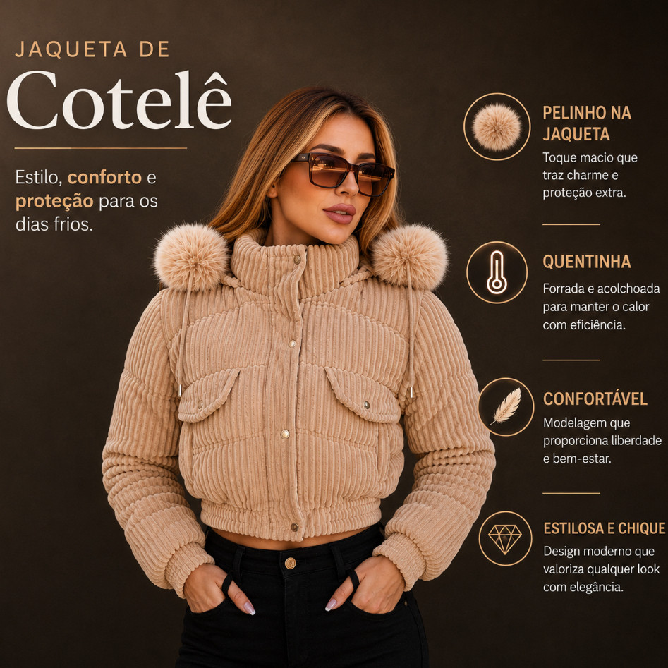 Jaqueta Feminina Cotele Casaco de Frio Puffer Veludo Confortável Peluciada Capuz Removível