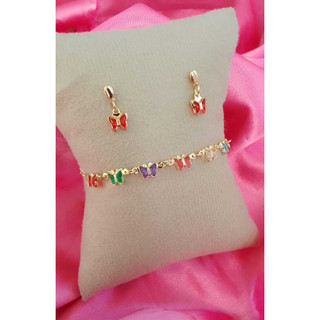 Kit Brinco e Pulseira Infantil Com Borboletas Coloridas Banhado18k - semi joia