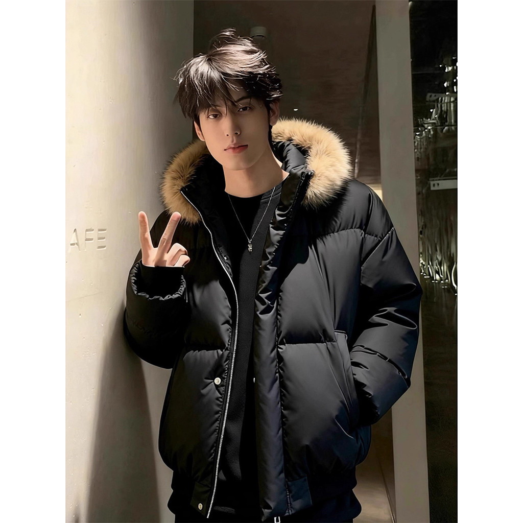Preto couro do plutônio curto para baixo jaqueta masculina inverno estilo americano gola de pele com capuz jaqueta de al