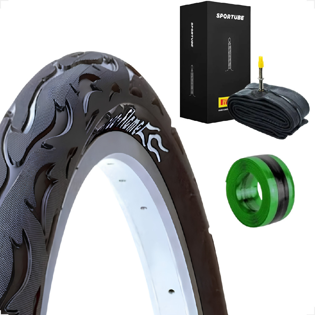 Pneu Bicicleta Kenda Flame Balão Aro 29 x 2.125 Liso Fogo + Camara Pirelli Bico fino + fita antifuro