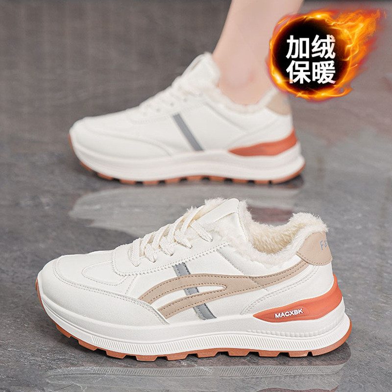 Sapatos femininos inverno forro de lã tênis feminino versão coreana All-Match sapatos brancos de sola grossa sapatos de