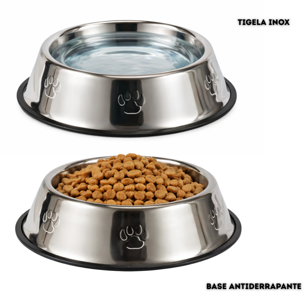 Kit 2 Comedouro e Bebedouro Pet Inox para Cães e Gatos Base Antiderrapante