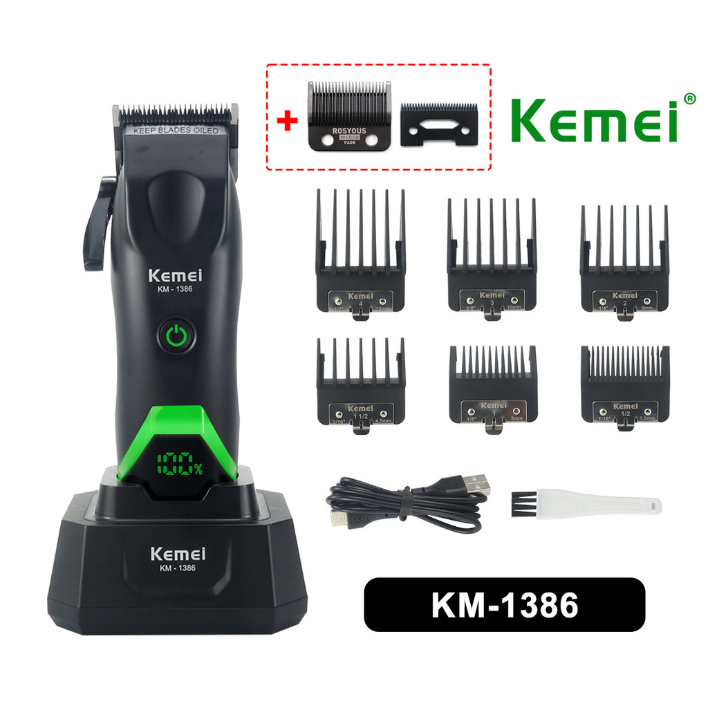 Kemei 1386 Máquina De Cortar Cabelo Masculina 8000RPM Lâmina DLC Com Carregador Base Display LED 2000mAh Profissional Co
