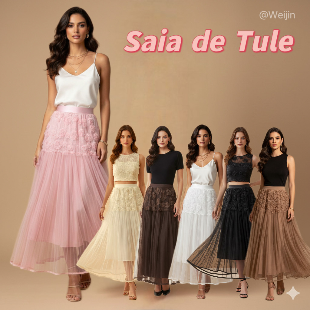 Saia de Tule Comprida com Renda Floral Feminina Estilo Boho Chic Elegante