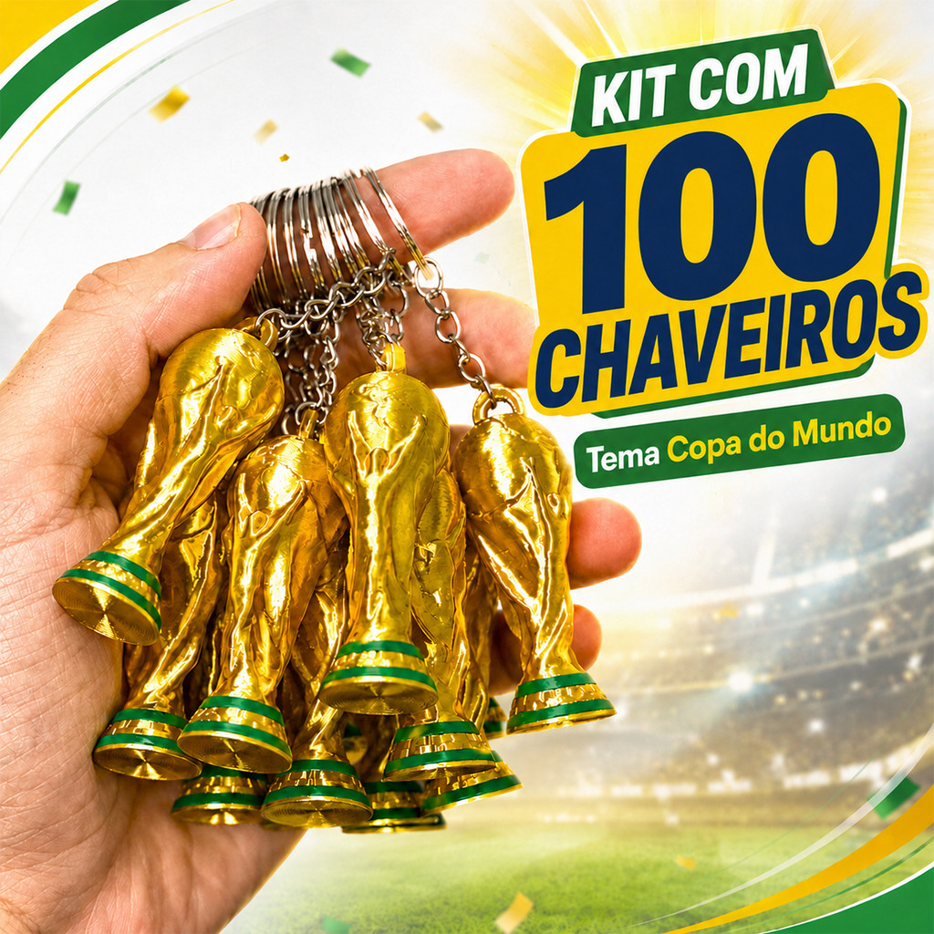 Kit 100 Chaveiros Taça Dourada Futebol Copa Do Mundo Brinde Lembrancinha Festa Evento