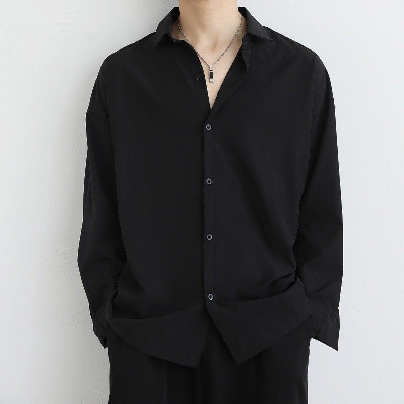 Camisa masculina de verão não-ferro jaqueta preta fina High-End Drape de manga comprida na moda camisa Casual masculina 