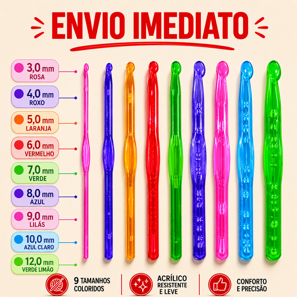 Kit 9 Agulhas para Crochê de Acrílico Circulo Ergonômica - Artesanato