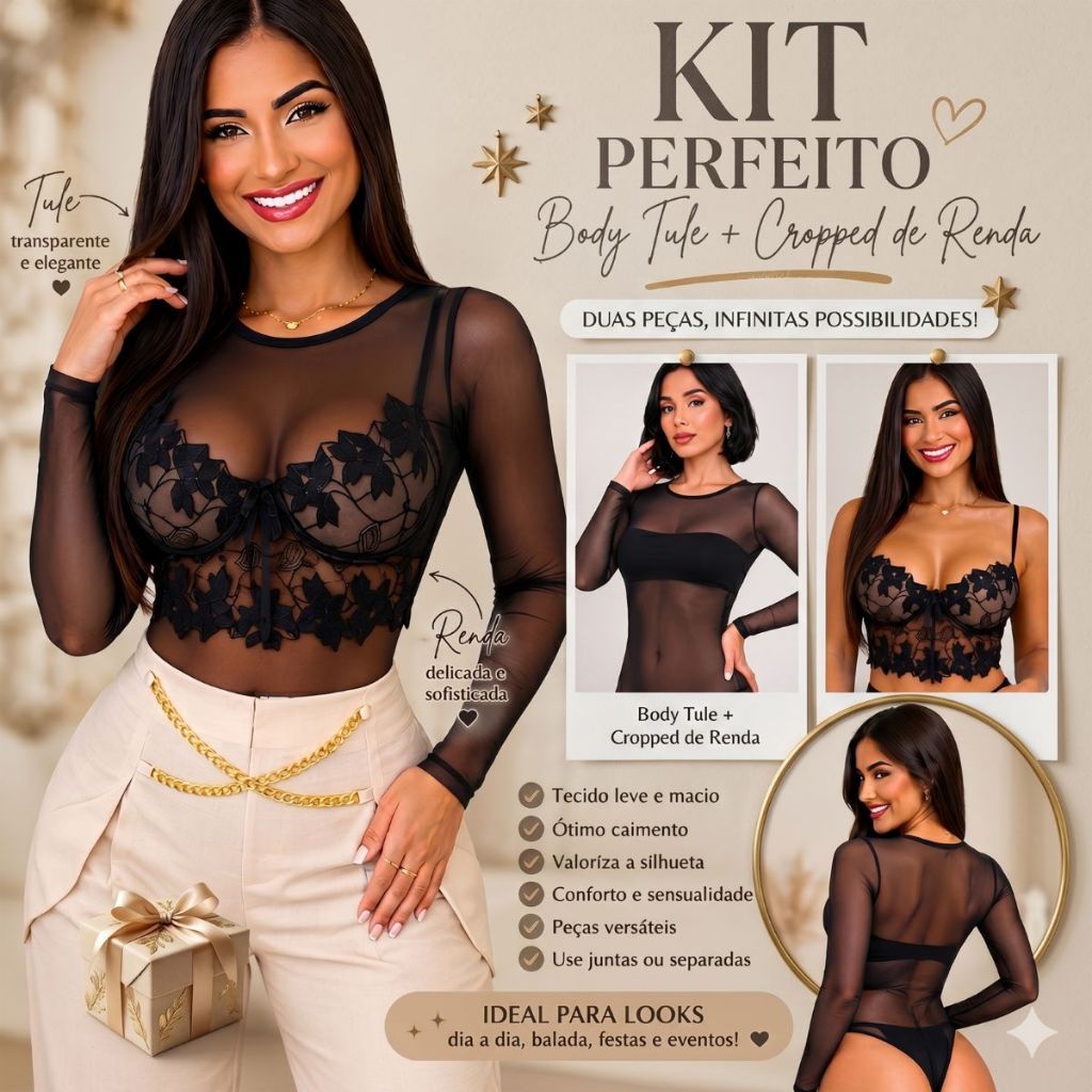Kit Body de Tule Feminino e Cropped de Renda com Bojo | Look Blogueira Moda Festa Balada