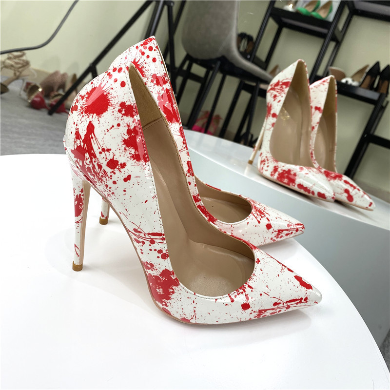 Scarpin Feminino Salto Alto Agulha 12cm Bico Fino Branco e Vermelho Salto Fino Confortável