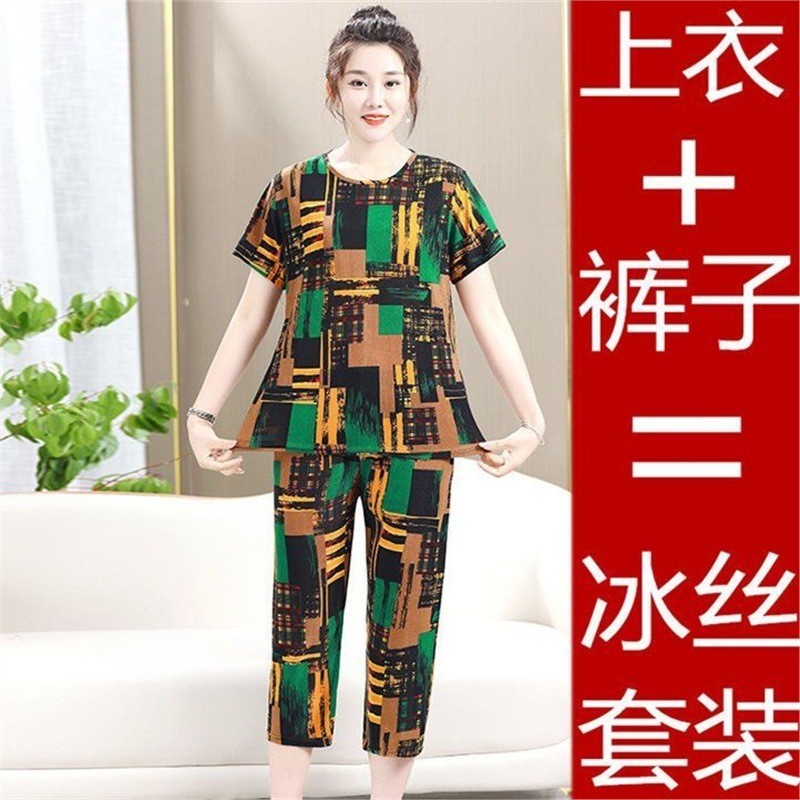 Roupas femininas de manga curta Tops finos calças ternos de meia-idade roupas femininas idosas roupas de mãe camisas sol
