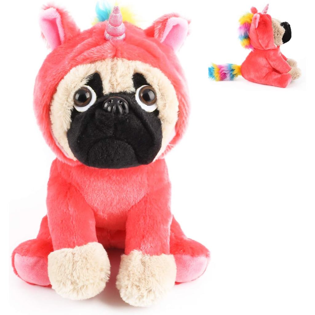 Pelúcia de Pug Unicórnio, Brinquedo de Pelúcia Pugicorn Rosa Choque com Capuz Retrátil, Pelúcia de Cachorrinho Ultra Mac