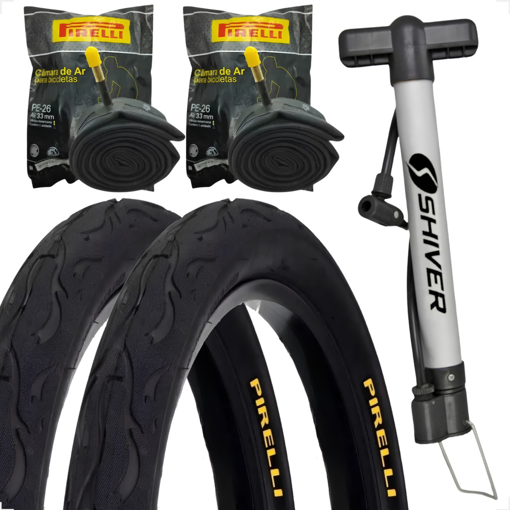 Par Pneu Bicicleta Pirelli Tornado Beta Flame Balão Aro 26 x 2.125 2 Camara Pirelli + Bombinha de ar