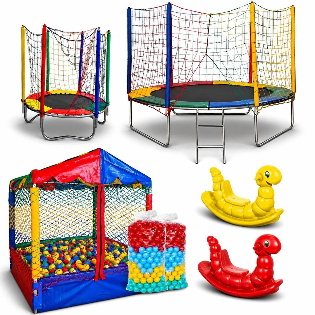 Cama Elástica 2,44m + Cama Elástica 1,40m + Piscina de Bolinhas 1,50m + 1000 Bolinhas Coloridas + 2 Gangorras Inhoca