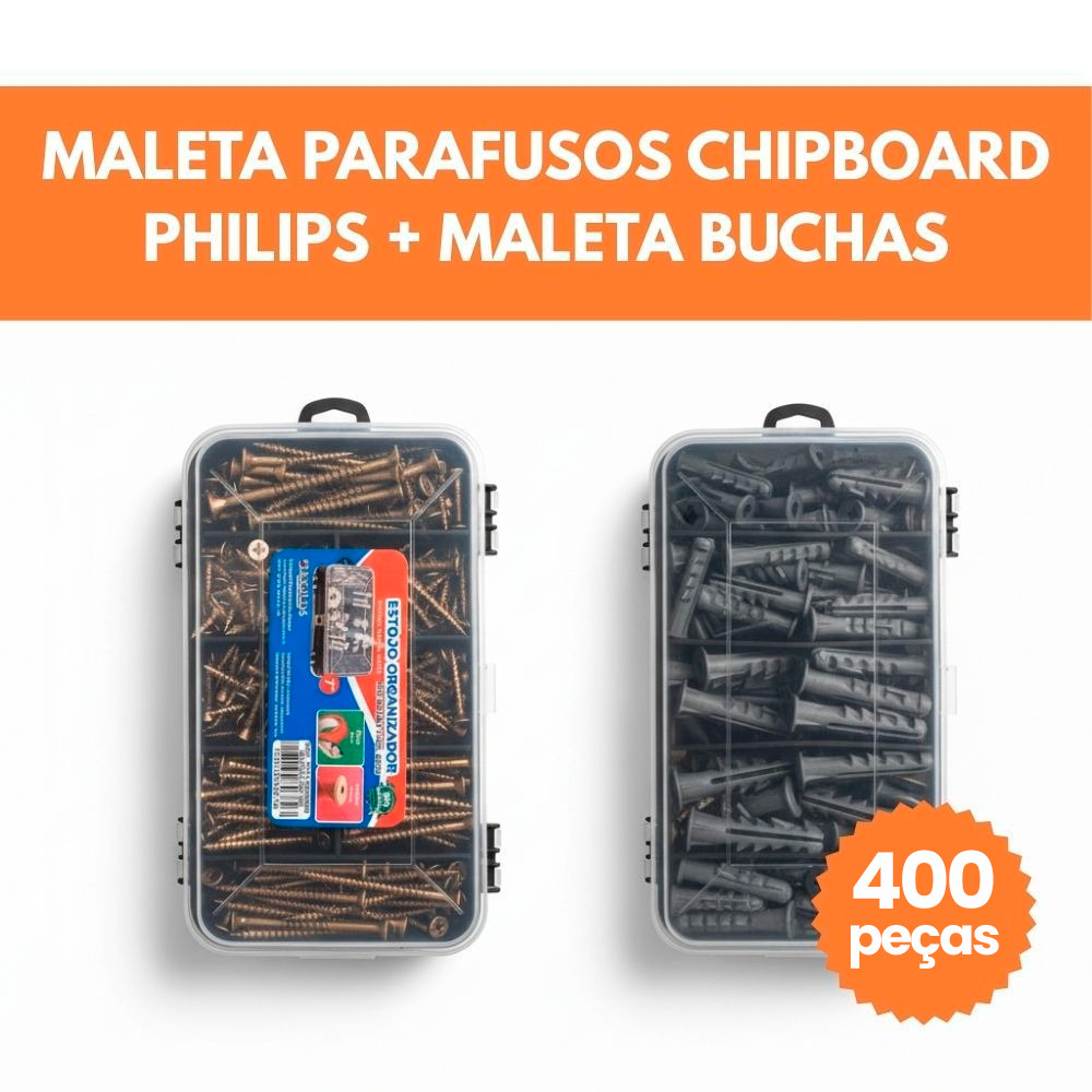Kit 400/300 Peças Parafusos e Buchas com Organizador Multiuso Maleta Marcenaria Chipboard Phillips