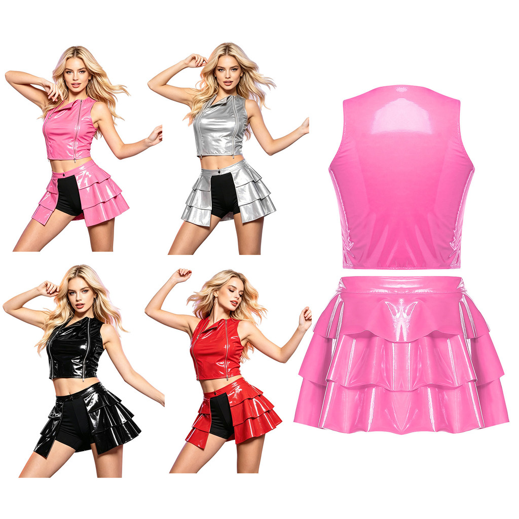 Yeahdor Feminino Brilhante PU Crop Top E Saia Conjunto Frente Zíper Duplo Sem Mangas Colete Regata Aberta Em Camadas Bab