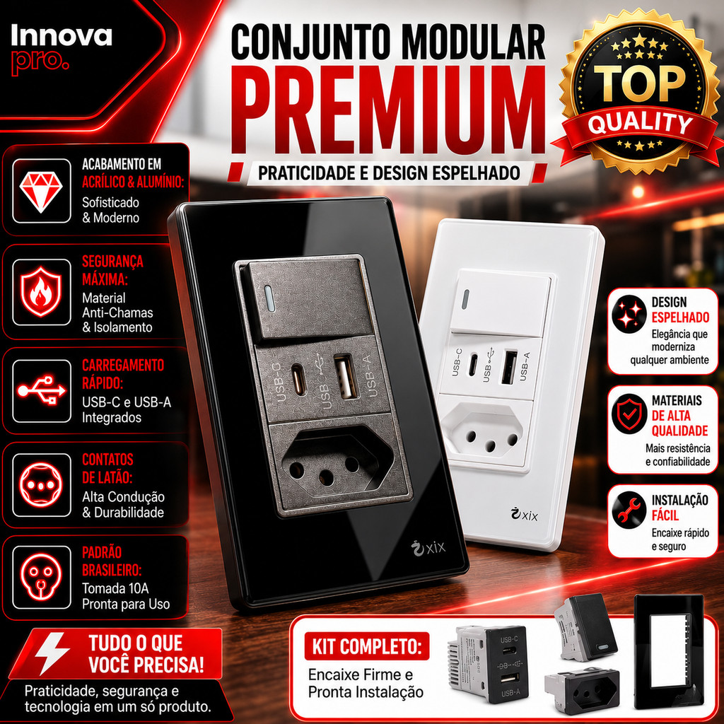 Tomada Modular Acrílico Branca Preto USB Placa ACRÍLICO Tomada 10A Interruptor 4X2 Bipolar Unipolar