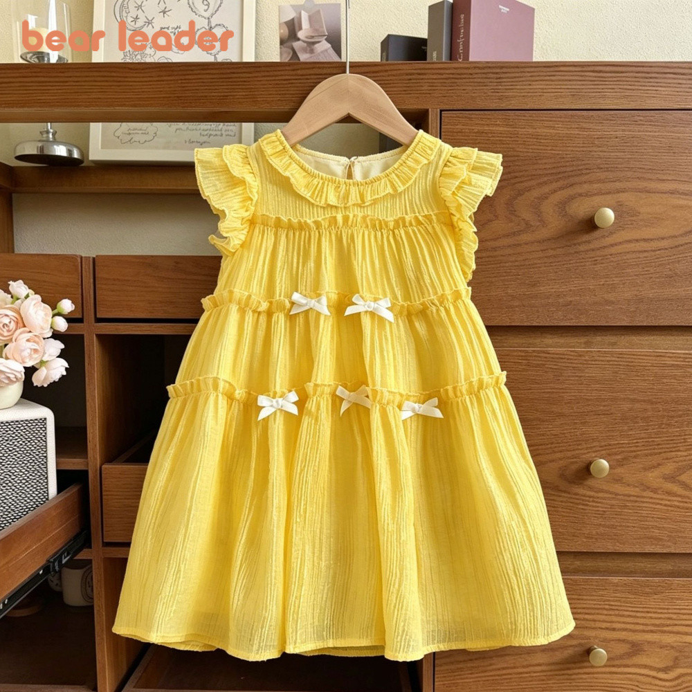 Urso Líder Versão Coreana Plissado Manga Malha Renda Vestido De Princesa 3-7 Anos Verão Arco Amarelo Roupas De Menina