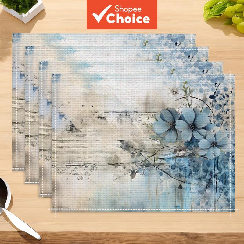 Jogo Americano De Linho Com Flor Azul Vintage – 4 Peças De Tapetes De Mesa Rústicos Em Aquarela Floral Para Fazenda Lavá