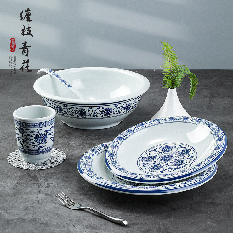Panela de sopa de porcelana branca azul melamina Tigela de sopa grande Restaurante Restaurante Sopa comercial Plástico a