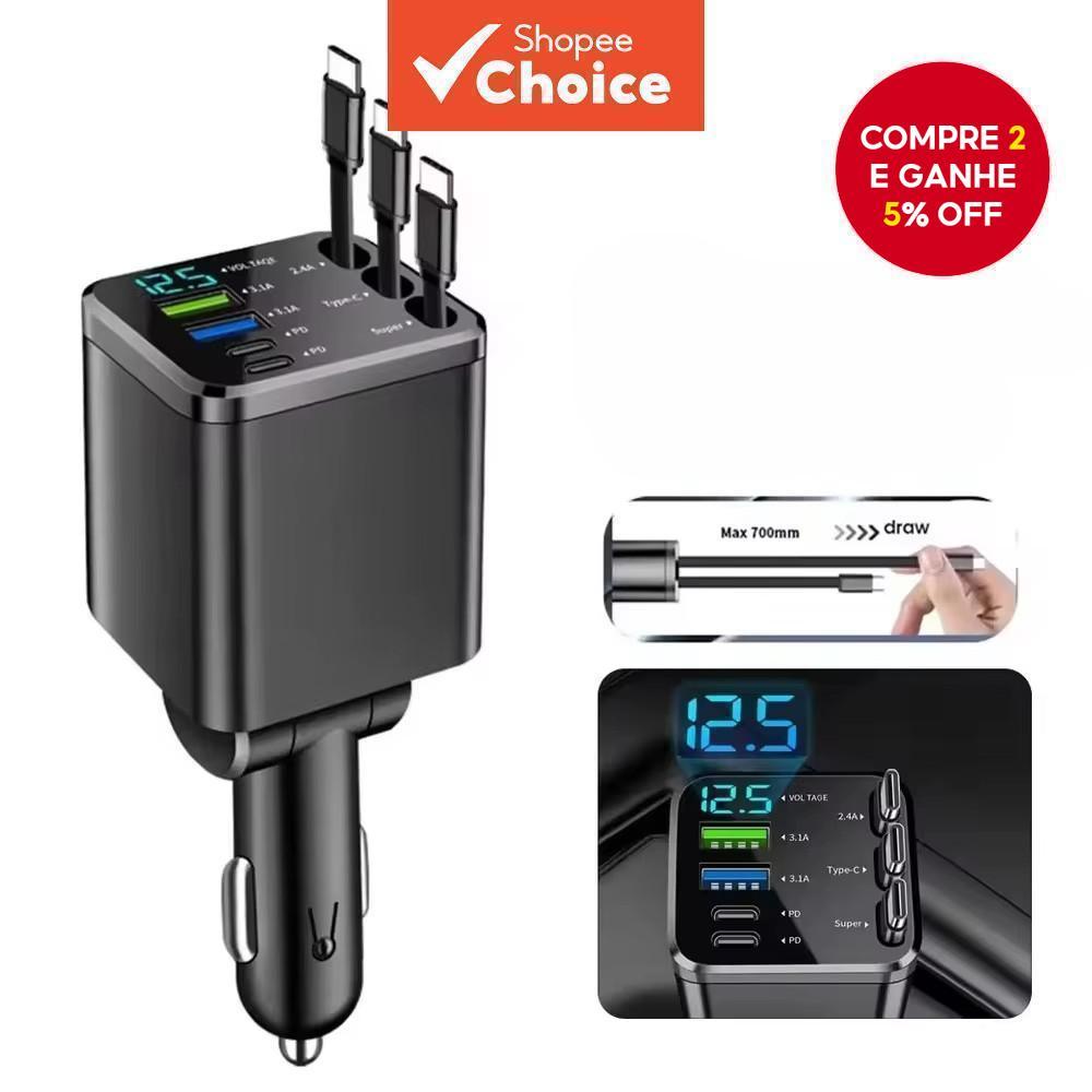 Carregador de carro para celular Type-C 7 em 1 com cabo de expansão e adaptador de carro de carregamento rápido USBPD