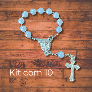 Kit com 10 Mini Terços Dezeninha Pérola Branca Para Batizado, Crisma, Casamento, Lembrancinha