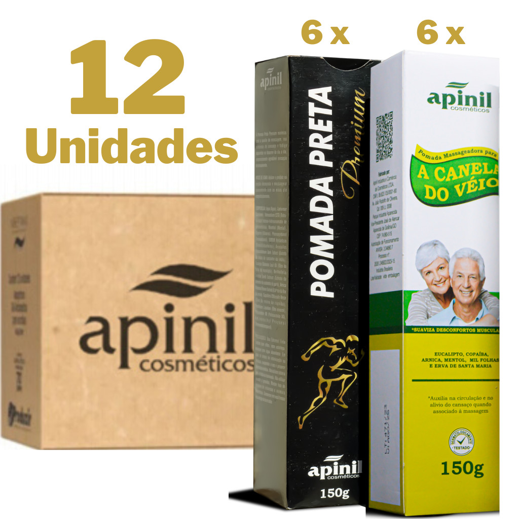 Kit 6 Pomada Preta Extra Forte + 6 Pomada Canela de Velho para Dor Premium 150g Apinil