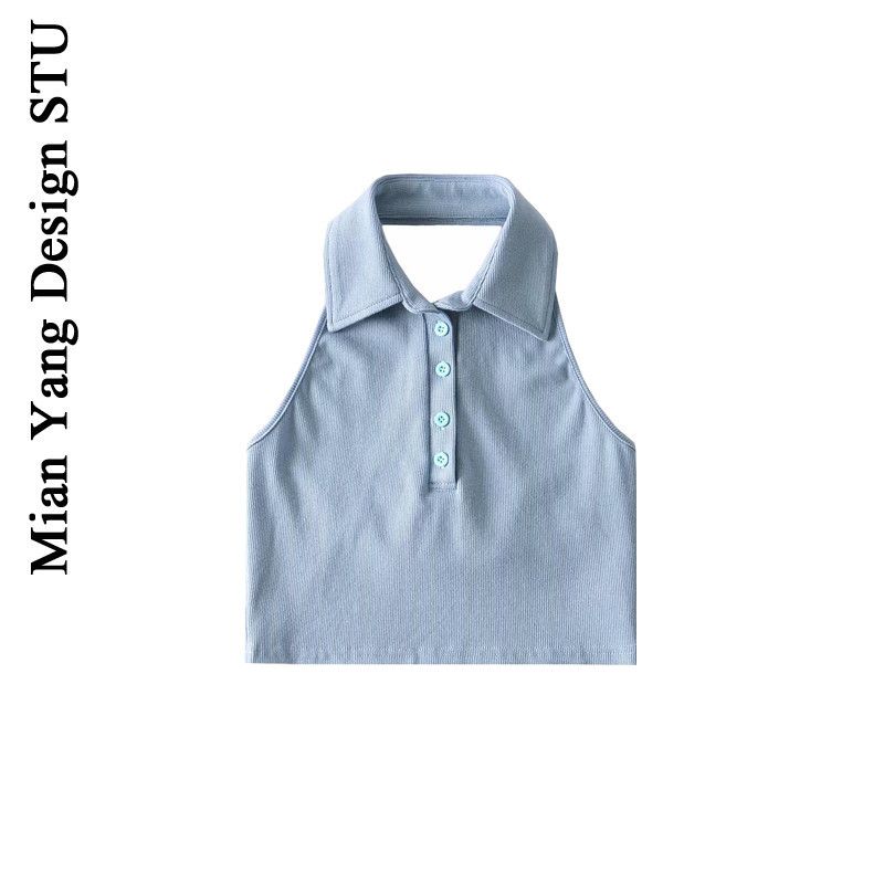 Retro gola Polo mais magro olhar colete Sexy halter cintura alta colete pequena camisa ins na moda halter botão colete c