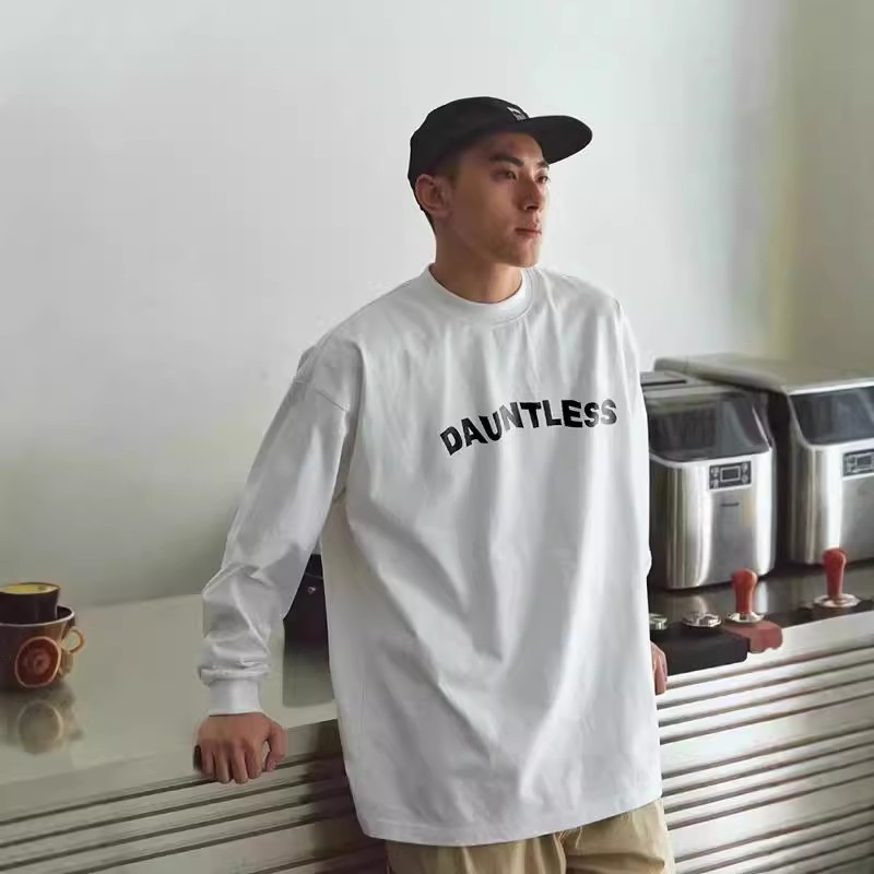 Estilo americano rua nicho carta impressa manga comprida camiseta masculina outono street Wear pequeno decote casal solt