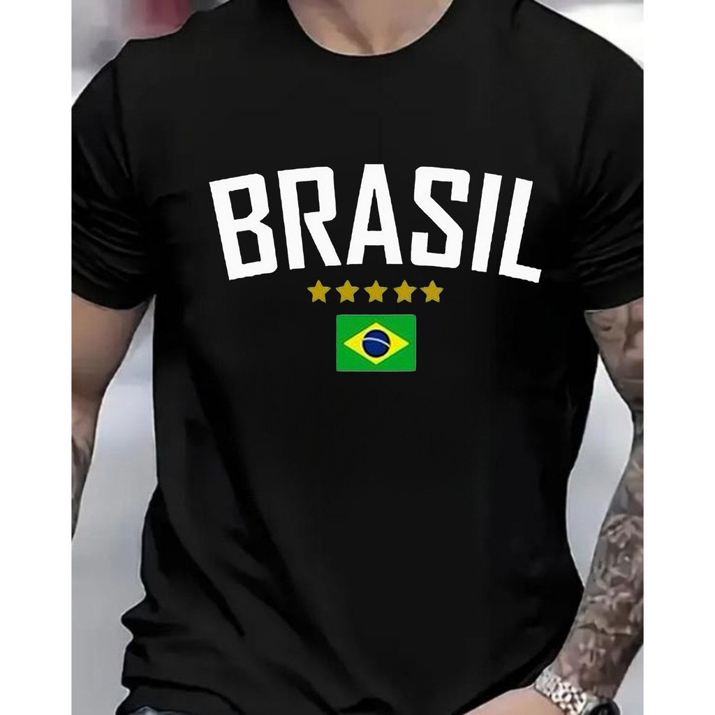 [Camiseta Premium em Algodão Puro]GXG Camiseta Masculina Curta de Brasil, Estilo Futebol, Adulto, Cinza, Ideal para Torc