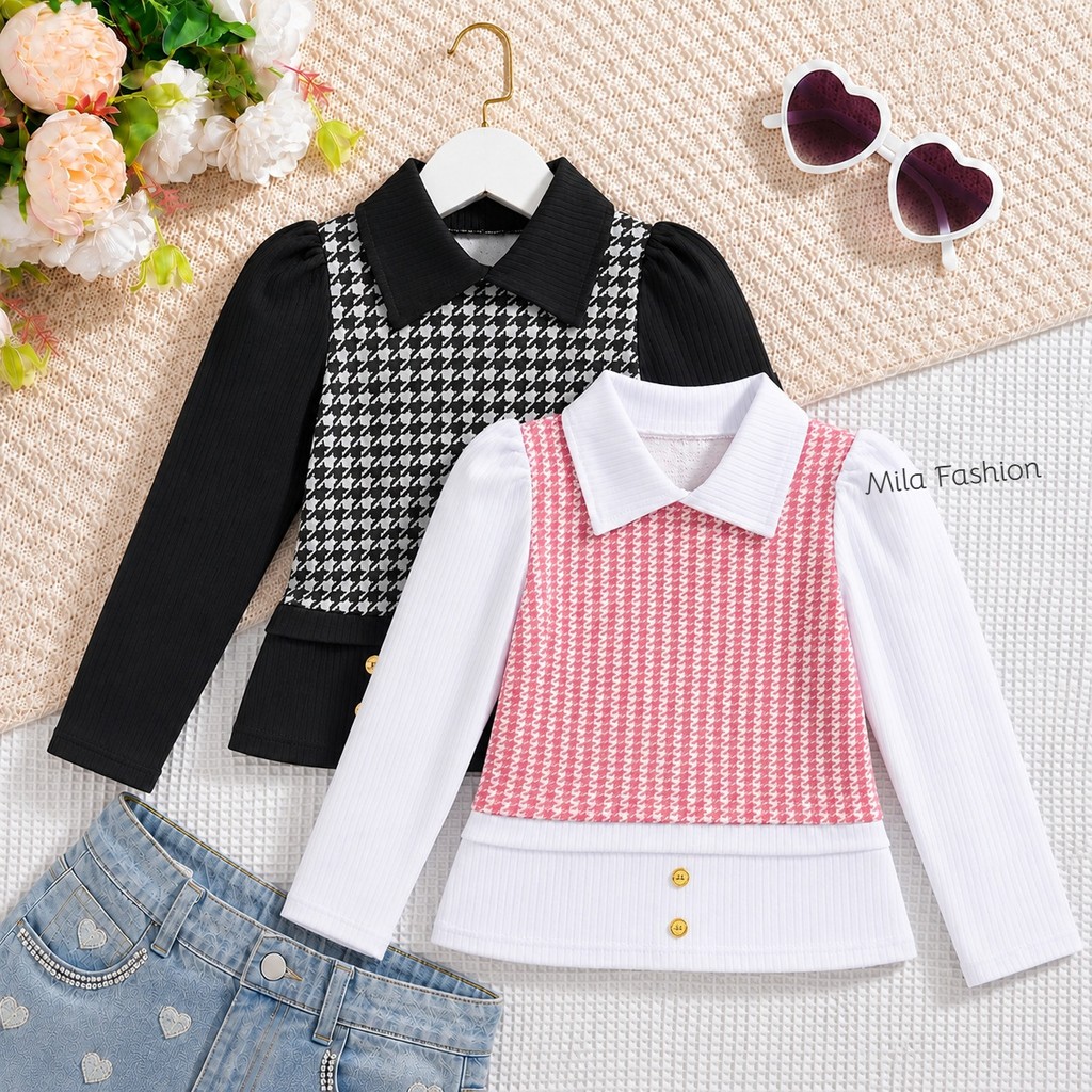 Blusa xadrez manga longa infantil menina -blusa canelada moda inverno 4-12 anos